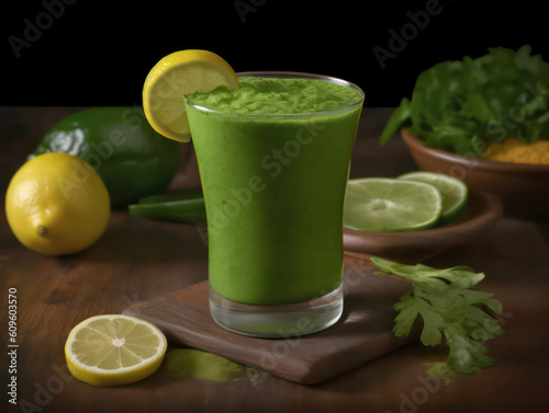 Eine Nahaufnahme eines Glases mit frisch gepresstem grünen Saft, die die leuchtend grüne Farbe und die Frische der Zutaten hervorhebt, die eine entgiftende und verjüngende Wirkung auf den Körper haben