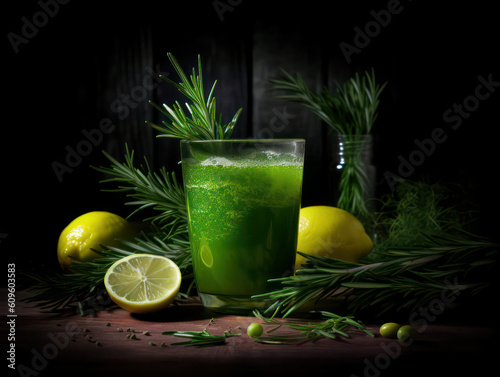 Eine Nahaufnahme eines Glases mit frisch gepresstem grünen Saft, die die leuchtend grüne Farbe und die Frische der Zutaten hervorhebt, die eine entgiftende und verjüngende Wirkung auf den Körper haben