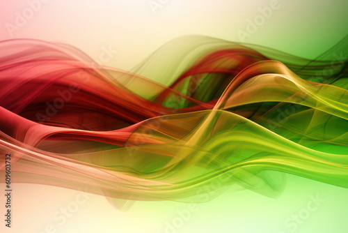 Schöner abstrakter 3D Hintergrund, grüner und roter Rauch, Regenbogenfarben, bunte Partikel, schwarzer Hintergrund
