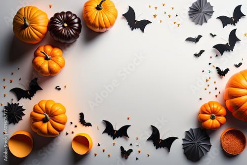 Halloween Holiday Background Decoration, White Backdrop Pumpkin and Bats Flat Lay. Generative AI