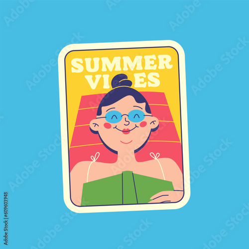 Travel Vector Retro Sticker, Pin, Stamp, Patch. Summer vibes. A girl is sunbathing on a chaise longue.