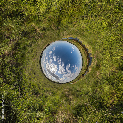 blue hole sphere little planet inside green grass round frame background.