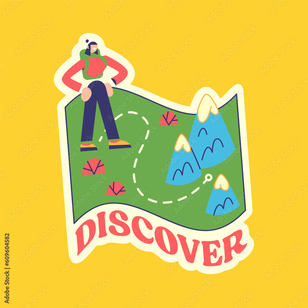 Fototapeta premium Travel Vector Retro Sticker, Pin, Stamp, Patch. A girl discovers uncharted lands. Cartoon map.