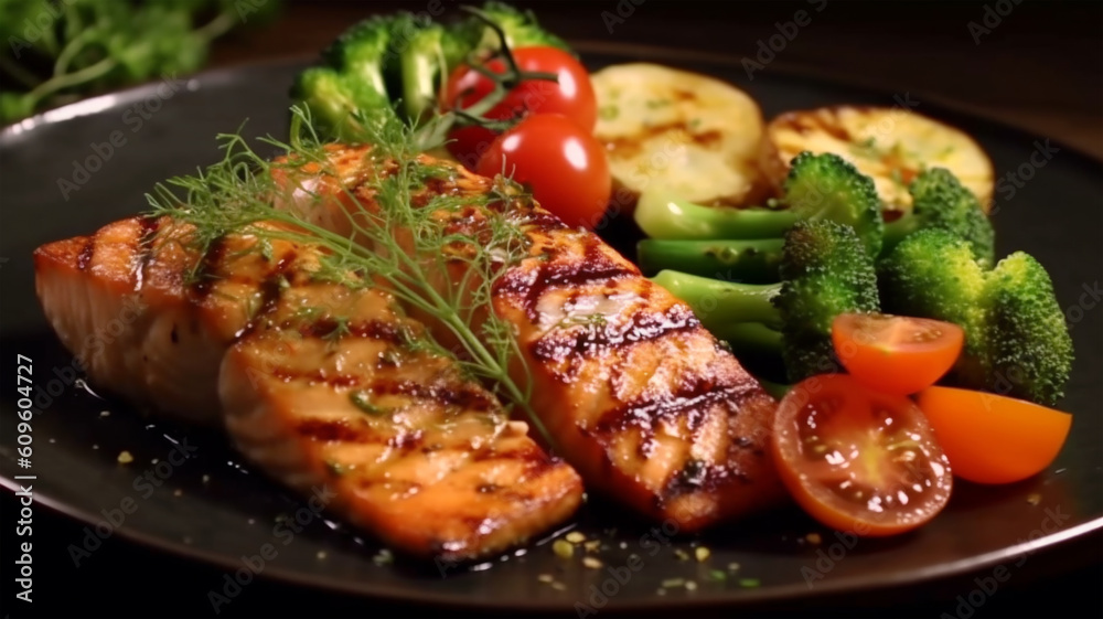 Salmon steak grill plate with vegetables in restaurant background close-up Salmon steak grill plate with vegetables in restaurant background close-up