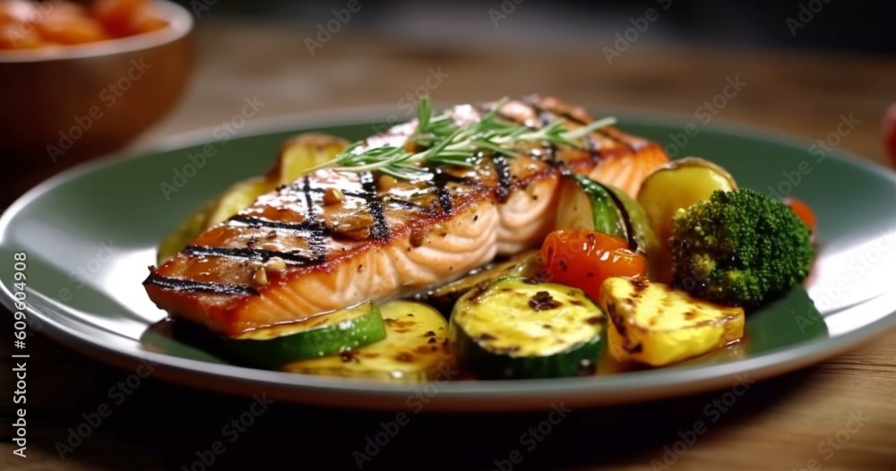 Salmon steak grill plate with vegetables in restaurant background close-up