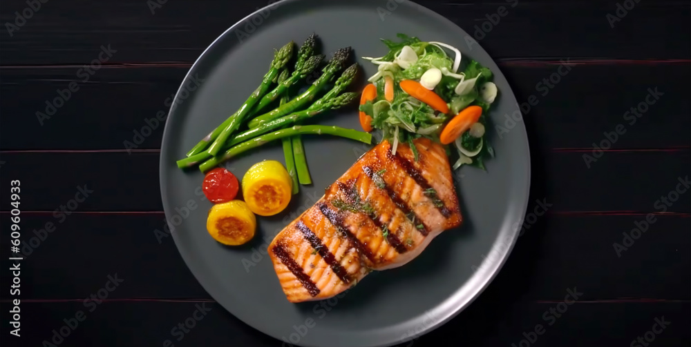 Salmon steak grill plate with vegetables in restaurant background close-up