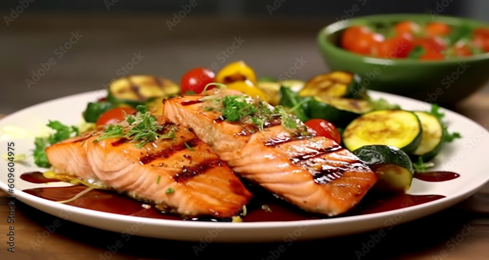 Salmon steak grill plate with vegetables in restaurant background close-up Salmon steak grill plate with vegetables in restaurant background close-up