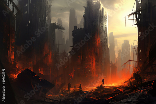 Destroyed apocalyptic city with rubble and fire  generative ai