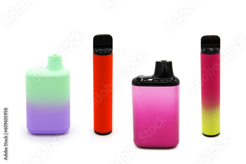 Set of various disposable electronic cigarette isolated on white background. The concept of modern smoking, vaping and nicotine.
