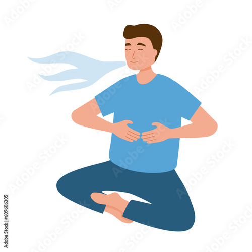 Man practicing breathing exercise in flat design on white background.