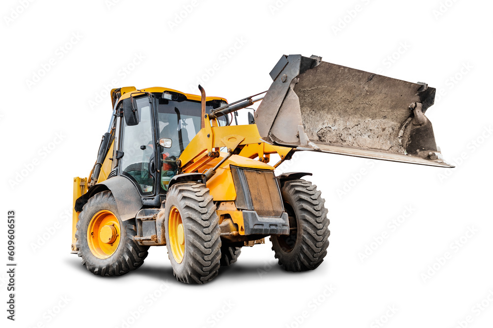 Heavy front loader or bulldozer on a white isolated background. construction machinery. Transportation and movement of bulk materials. Large bucket for earth, sand and gravel. Heavy front loader or bulldozer on a white isolated background. construction machinery. Transportation and movement of bulk materials. Large bucket for earth, sand and gravel.