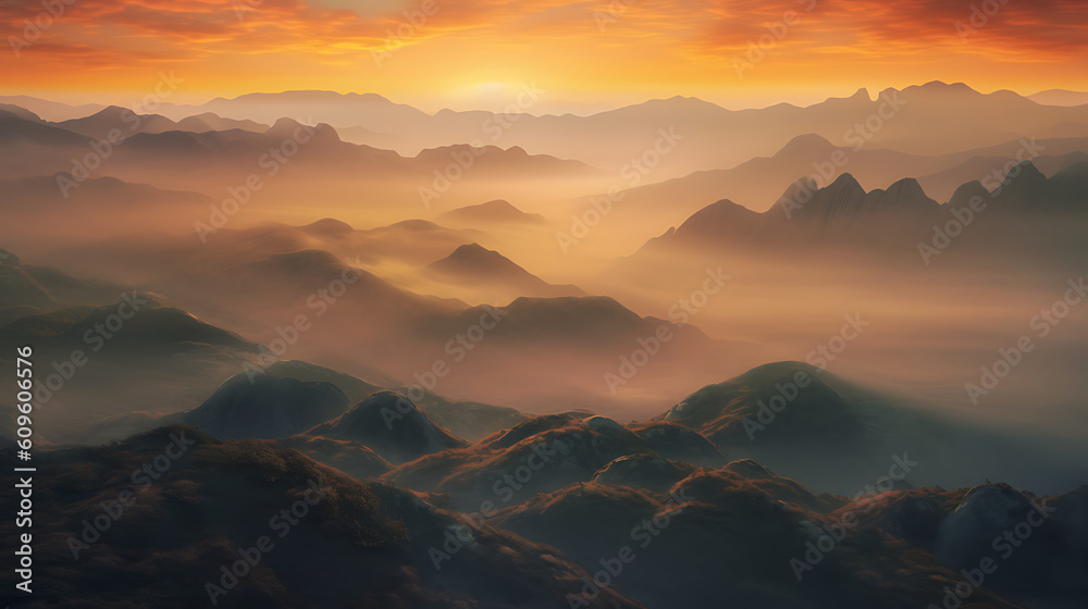Peaceful Sunset Over Misty Mountains Generative AI