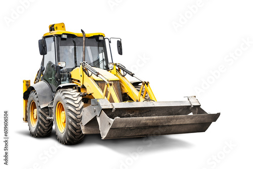 Heavy front loader or bulldozer on a white isolated background. construction machinery. Transportation and movement of bulk materials. Large bucket for earth, sand and gravel. photo