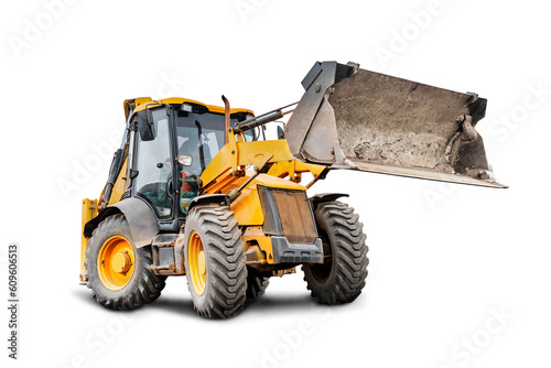 Heavy front loader or bulldozer on a white isolated background. construction machinery. Transportation and movement of bulk materials. Large bucket for earth, sand and gravel.