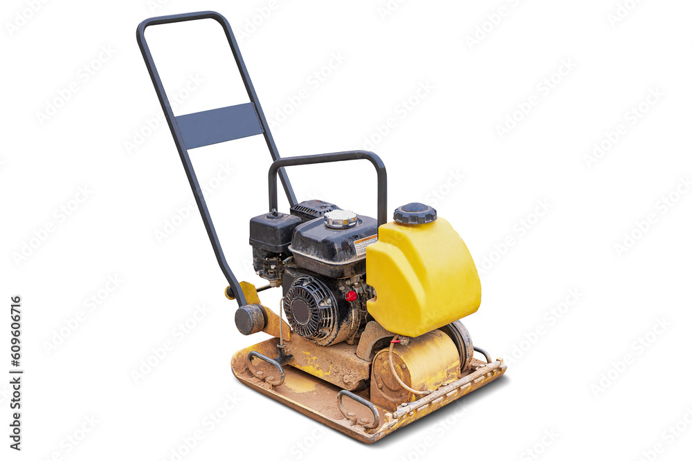 Vibrating rammer on a white isolated background. Vibratory plate compactor designed for the compaction of granular, mixed materials with some cohesive content.