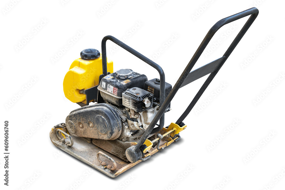 Vibrating rammer on a white isolated background. Vibratory plate compactor designed for the compaction of granular, mixed materials with some cohesive content. Vibrating rammer on a white isolated background. Vibratory plate compactor designed for the compaction of granular, mixed materials with some cohesive content.