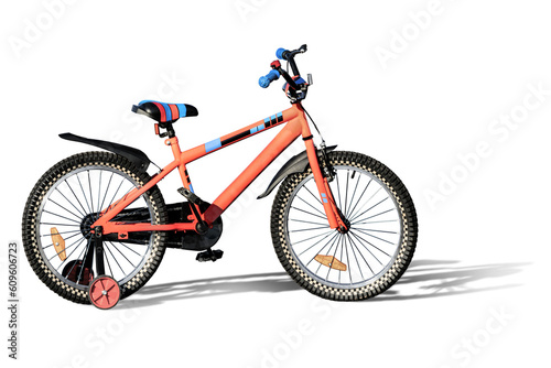 Fototapeta Naklejka Na Ścianę i Meble -  Children's Bicycle with extra wheels isolated on a white background. Teaching a child to ride a bike. Element for design. Teen Loy's bike.