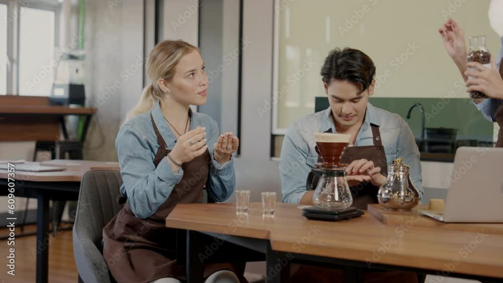 Young men and women learn every step of opening a coffee shop. concept Small businesses or SMEs Young men and women learn every step of opening a coffee shop. concept Small businesses or SMEs