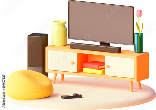 Vector tv stand with bean bag chair illustration. Modern furniture. Tv, soundbar with subwoofer, pouf and remote control