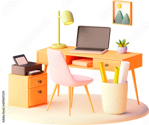 Vector workplace with desk, chair and laptop illustration. Home office furniture. Desk lamp, computer, printer stand