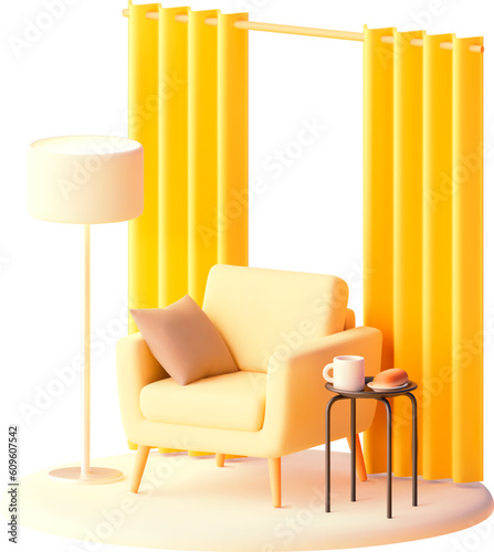 Vector armchair with side table and draperies illustration. Modern furniture. Armchair with cushion, coffee table and floor lamp