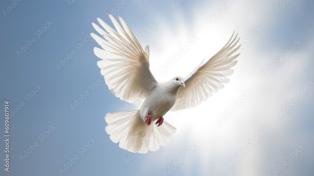 Obraz premium Closeup of Clean White Dove Flying in the Bright Blue Sky. Symbolizes Purity, Peace, Cleanliness, Innocence, and The Holy Spirit.