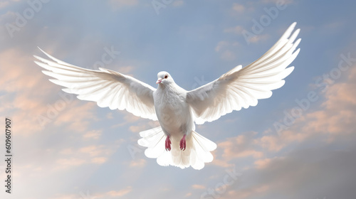 Closeup of Clean White Dove Flying in the Bright Blue Sky. Symbolizes Purity, Peace, Cleanliness, Innocence, and The Holy Spirit.