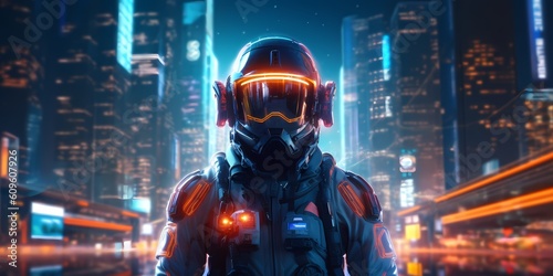Retrofuturistic illustration of astronaut in futuristic neon lit cyberpunk city. Neon pink blue violet night astronaut. Generative ai. Illustration art.