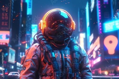 Retrofuturistic illustration of astronaut in futuristic neon lit cyberpunk city. Neon pink blue violet night astronaut. Generative ai. Illustration art.