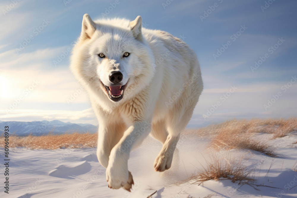 Obraz premium Polarwolf sprintet in freier Wildbahn sprintet in der arktischen Tundra