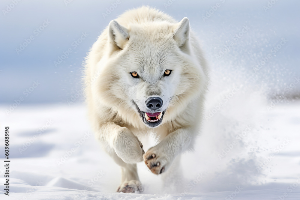 Obraz premium Polarwolf sprintet in freier Wildbahn sprintet in der arktischen Tundra