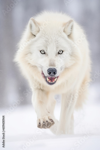 Polarwolf sprintet in freier Wildbahn sprintet in der arktischen Tundra