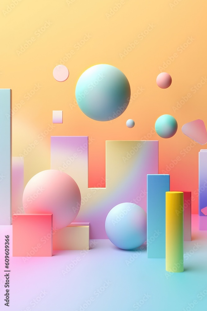 custom made wallpaper toronto digitalPattern made of random 3d shapes, blob, spheres etc on pastel colored background with gradient. Generated AI.