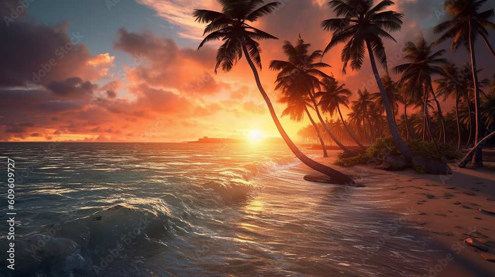 beautiful sunset scene. palm tree on the beach with sunset on background. 