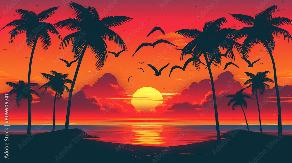 Palm beach synthwave sunset skyline birds retro 80s. 