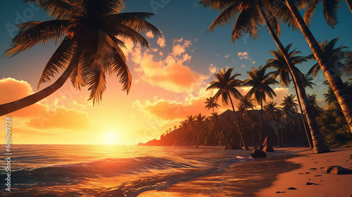 Palm tree on the beach with sunset on background. 