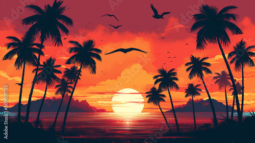 Palm beach synthwave sunset skyline birds retro 80s.  © Aura