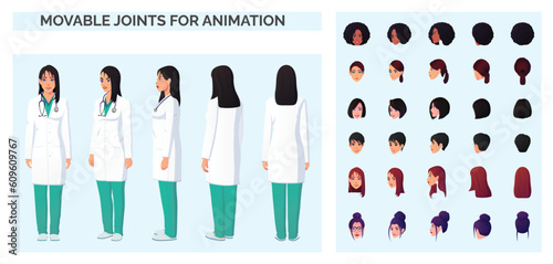Cartoon Doctor Character creation with Female Doctor Wearing White Lab coat Front, Back and Sideview with Multiple Races and Ethnicities