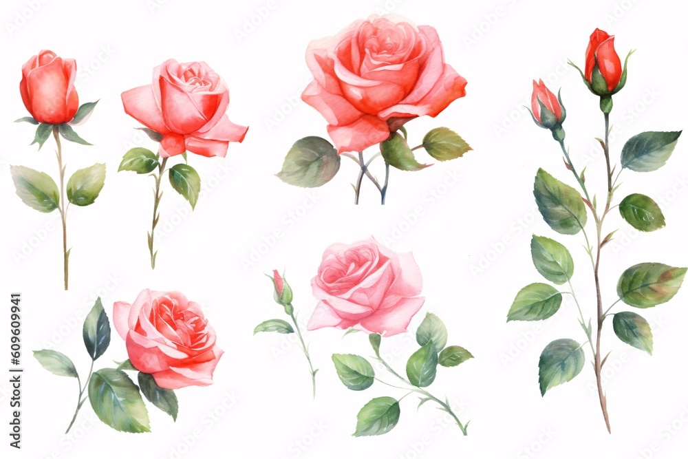 Flowers roses, branches, leaves and buds on an isolated white background, watercolor illustration, floral design. Generative Ai.