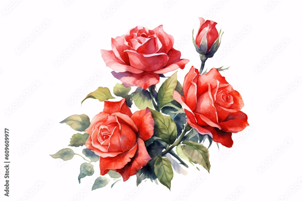 Flowers roses, branches, leaves and buds on an isolated white background, watercolor illustration, floral design. Generative Ai. Flowers roses, branches, leaves and buds on an isolated white background, watercolor illustration, floral design. Generative Ai.