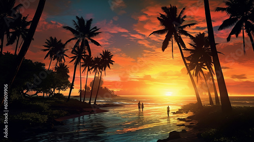 Paradise palms Hawaii silhouette sea. generative AI