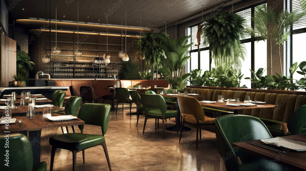 Obraz premium midcentury modern style restaurant interior with neutral and dark olive green colors. Generative Ai