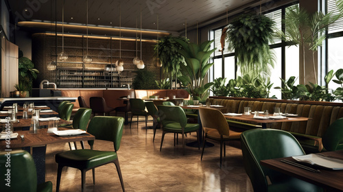 midcentury modern style restaurant interior with neutral and dark olive green colors. Generative Ai