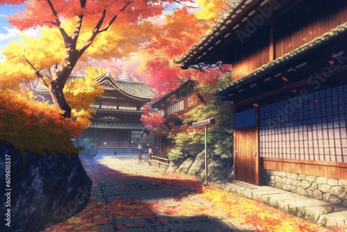 秋 紅葉 日本 京都 神社 自然 風景 イラスト 観光地, generative ai photo