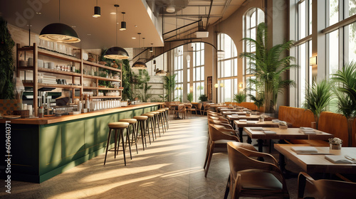 midcentury modern style restaurant interior with neutral and dark olive green colors. Generative Ai