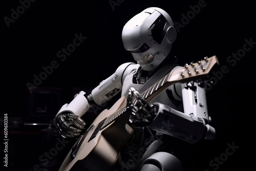 Innovative talented Robot equipped with A.I. Humanoid machine plays guitar very professionally. Concept of usefulness and versatility of A.I, artificial intelligence technology concept. Generative AI