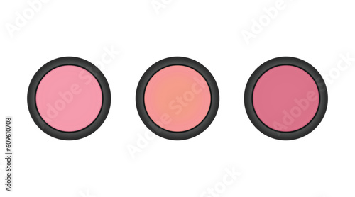 Cheek blush mockup, close up look at makeup product in 3d illustration isolated on white background. Face powder or eye shadows in black box.