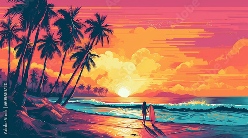 Tropical beach landscape with surfing girl and palms.  photo