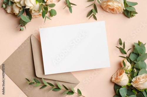 Blank stylish wedding invitation card mockup with envelope and flowers, empty card mock up with copy space
