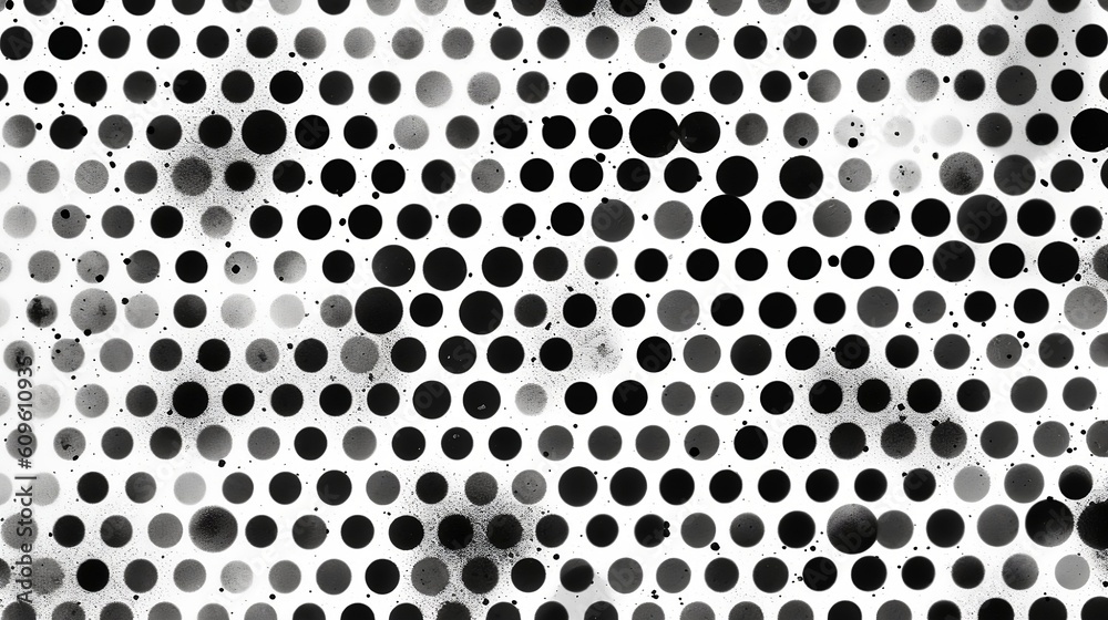 Seamless vintage distressed halftone dot background pattern. Tileable grunge black printer ink raster dots transparent texture overlay, generative AI